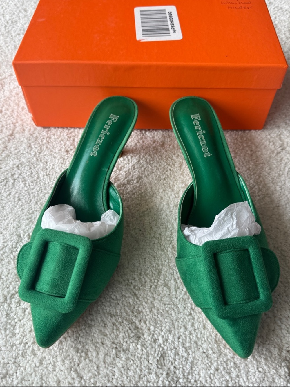 Fericzot Green Faux Suede Pointed Toe Buckle Mules